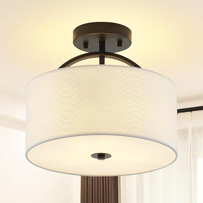 Black Semi Flush Mount Ceiling Light Fixture 12.2'' Drum Light Fixture with White Fabric Shade Lamps 3-Light Modern Ceiling Lights for Bedroom Living Room Dining Room Entryway
