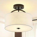 Black Semi Flush Mount Ceiling Light Fixture 12.2'' Drum Light Fixture with White Fabric Shade Lamps 3-Light Modern Ceiling Lights for Bedroom Living Room Dining Room Entryway