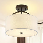 Black Semi Flush Mount Ceiling Light Fixture 12.2'' Drum Light Fixture with White Fabric Shade Lamps 3-Light Modern Ceiling Lights for Bedroom Living Room Dining Room Entryway
