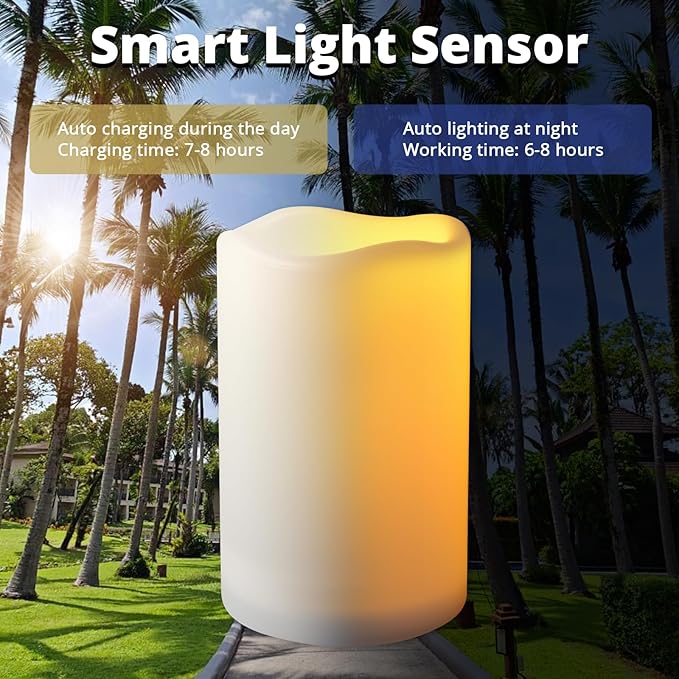 NURADA Large Outdoor Solar Candles Waterproof - 8" x 4" Rechargeable Solar Powered Flameless LED Pillar Flickering Candle for Patio Porch Lanterns Decor - Ivory White Set of 2