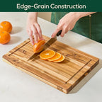 Non-Toxic Teak Wood Cutting Board & Serving Board, Pre-Oiled Edge Grain with Juice Groove and Handles, Knife Friendly, Food Grade Mineral Oil Coating (S 14" x 10" x 1", 3.75 lbs)