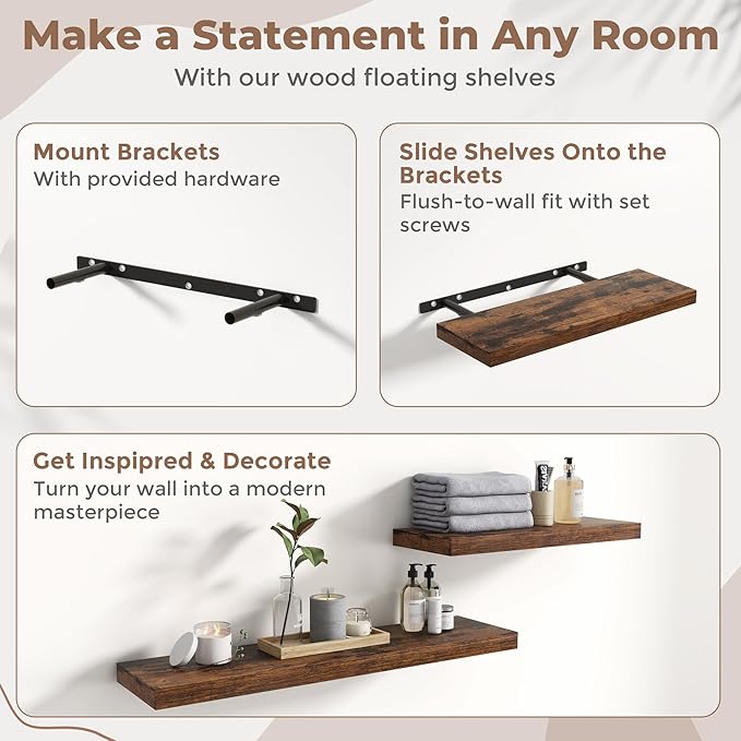 Floating Shelves for Wall with Invisible Brackets, Wall Mounted Engineered Wood Shelves with Wood Grain for Living Room, Bedroom, Bathroom, Kitchen Decor and Storage, Oak, 8"L Set of 3, Rustic Brown
