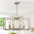 8-Light Large Brushed Nickel Chandeliers for Dining Room，Modern Industrial Pendant Lights Kitchen Island，Farmhouse Entryway Light Fixtures，Metal Geometric Chandelier for Living Room