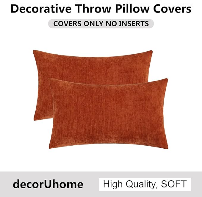 decorUhome Chenille Rust Fall Throw Pillow Covers 12x20 Inch Set of 2, Decorative Soft Couch Pillow Covers Solid Dyed Accent Velvet Farmhouse Neutral Rectangle Pillow Cases for Sofa Bed Living Room
