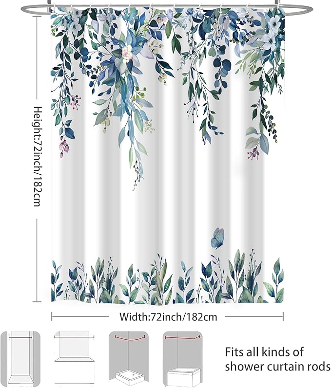 Eucalyptus Shower Curtain, Dark Blue Watercolor Leaves with Floral Botanical Bathroom Decor, Waterproof Fabric Bath Curtain Set with Hooks, 72x72 Inches