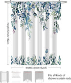 Eucalyptus Shower Curtain, Dark Blue Watercolor Leaves with Floral Botanical Bathroom Decor, Waterproof Fabric Bath Curtain Set with Hooks, 72x72 Inches