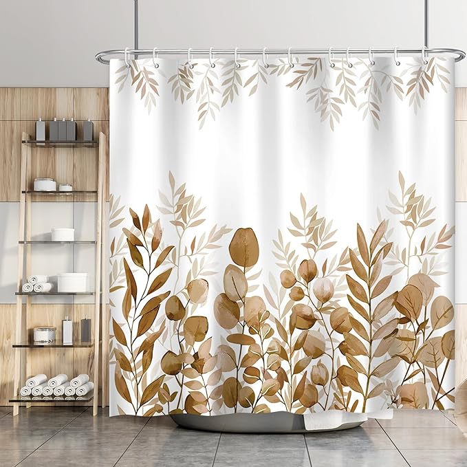 Brown Eucalyptus Shower Curtain Tan Watercolor Plant Leaves Shower Curtains for Bathroom Waterproof Polyester Fabric Bathroom Curtain 72 x 72 Inch with 12 Hooks