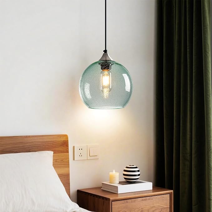 Light Green Glass Pendant Lights Kitchen Island Lighting Globe Pendant Light Fixtures Modern Pendant Lighting for Bedroom Living Dining Room Light Fixture (7.87 in, 2 Pack)