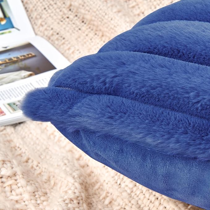 Throw Pillow Covers Decorative Faux Fur Set of 2 18x18 Inch Pillow Covers, Soft Navy Blue Striped Pillowcases for Couch Sofa Bed Living Room, Fluffy Cute Home Boho Accent Fuzzy Decor