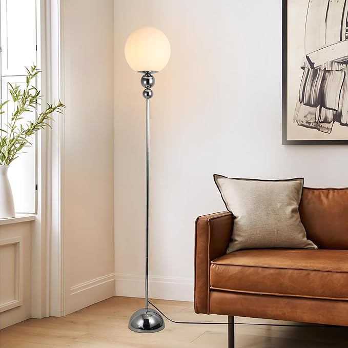 Modern Glass Floor Lamp for Bedroom, 63'' Vintage Mid-Century Floor Lamp with Milky White Frosted Glass Globe Shade for Living Room Corner, Slim Standing Reading Lamp for Office Decor (Chrome)