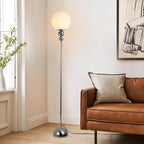 Modern Glass Floor Lamp for Bedroom, 63'' Vintage Mid-Century Floor Lamp with Milky White Frosted Glass Globe Shade for Living Room Corner, Slim Standing Reading Lamp for Office Decor (Chrome)