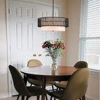 19" Rattan Chandelier with Linen Vintage Farmhouse Boho Hand Woven Bamboo Chandelier Light Fixture Modern Drum Wicker Rattan Black Chandeliers for Dining Room, Entryway, Bedroom, Foyer