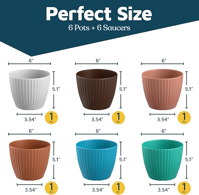 Multicolor 6-Inch Plant Pots with Drainage & Saucers 6 Pack, Indoor & Outdoor Planters for Houseplants, Herbs, and Flowers, Durable & Weatherproof Material, Stackable, Lightweight, Minimalist Design
