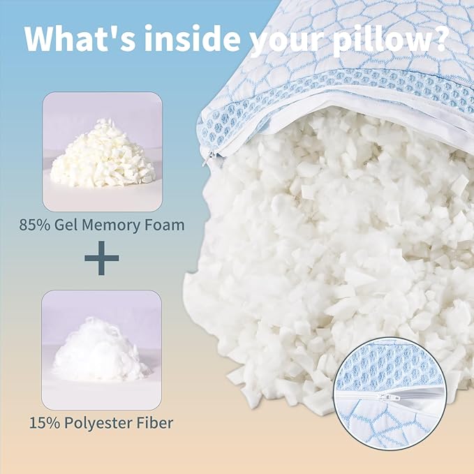 QUTOOL Cooling Pillows for Hot Sleeping, Shredded Memory Foam Pillows Standard Size Set of 1,Adjustable Soft & Firm Gel Bed Pillow for Side, Back, Stomach Sleepers