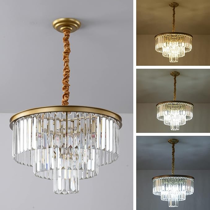 Gold Modern Crystal Chandelier, 3-Tier Round Flush Mount Ceiling Light Fixtures Height Adjustable Pendant Lighting for Dining Room Living Room Bedroom Kitchen Hotel Foyer