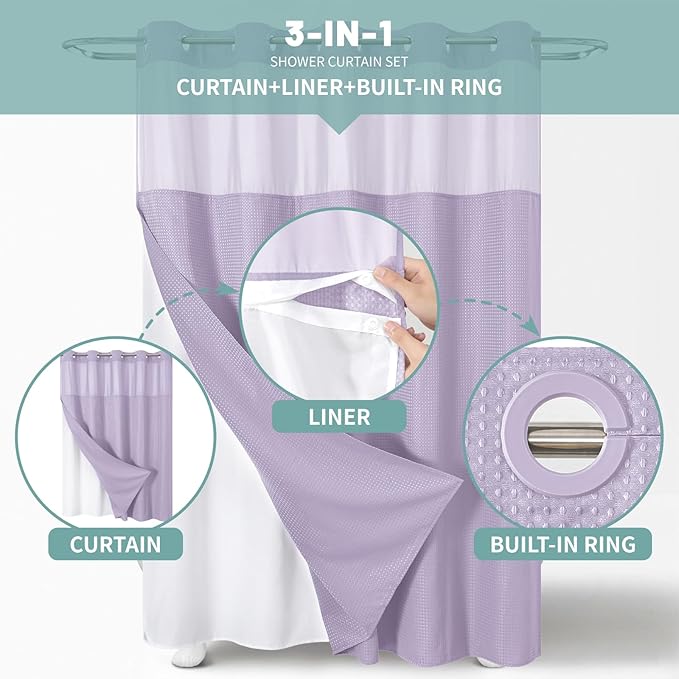 Lavender Long No Hook Waffle Weave Shower Curtain with snap-in Liner Replacement, 230GSM Waterproof Fabric Hotel Shower Curtain Set for Bathroom, Through Mesh Top Window,71Wx80H