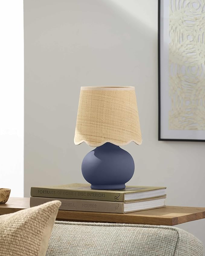BoutiqueRugs Navarro Boho Ceramic Bedside Table Lamp for Bedroom Nightstand and Living Room - Shade Rattan - Blue, Beige - 13" H