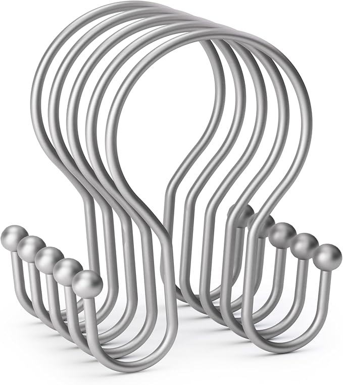 AmazerBath Silver Shower Curtain Hooks, Shower Curtain Rings, Simple Double Shower Curtain Hooks Rust Proof, Metal Smooth Glide Shower Hooks for Shower Curtain Rod, 12 Pcs Shower Rod Hooks