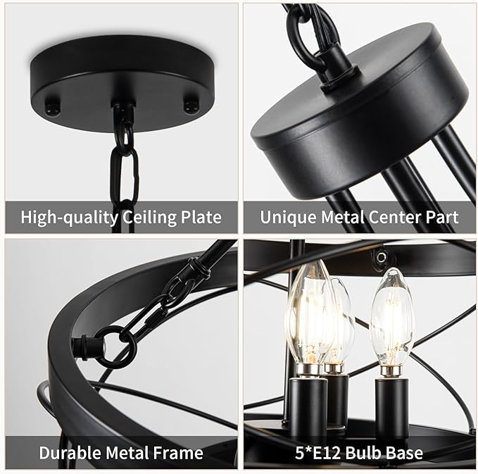 5-Light Farmhouse Chandelier, 17.72" Rustic Drum Dining Room Light Fixture, Black Chandeliers Hanging Pendant Lighting, Industrial Candle Chandeliers for Living Room Kitchen Entryway Bedroom