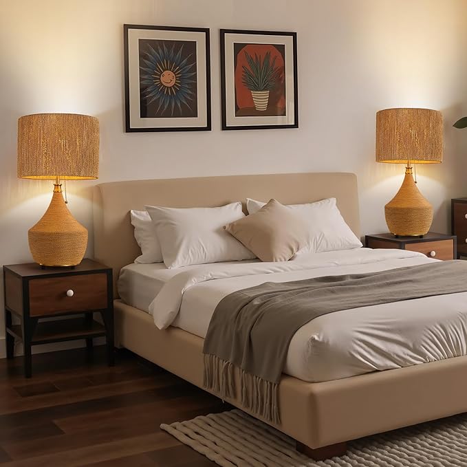 Rattan Lamp Boho Table Lamp - 23.62" Bedside Table Lamps for Bedroom Rustic Handmade Woven Lamp Nightstand Lamps with Pull Chain for End Table, Living Room, Farmhouse - E26 Socket (Tan-1PC)