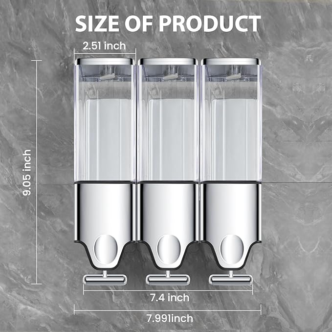 3-in-1 Quadrate Dispensers for The Shower,Shower soap Dispenser,Conditioner Dispenser, Shampoo Dispenser,No Drilled Wall Mounted Distributor,Hotel,Bathroom,Home (Triple, Colorless)