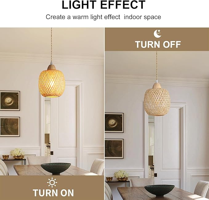 Bamboo Pendant Light Fixture, 3-Light Handmade Woven Pendant Lighting, with Adjustable Rustic Basket, for Kitchen Island Farmhouse Dining Room Living Room, ETL Listed