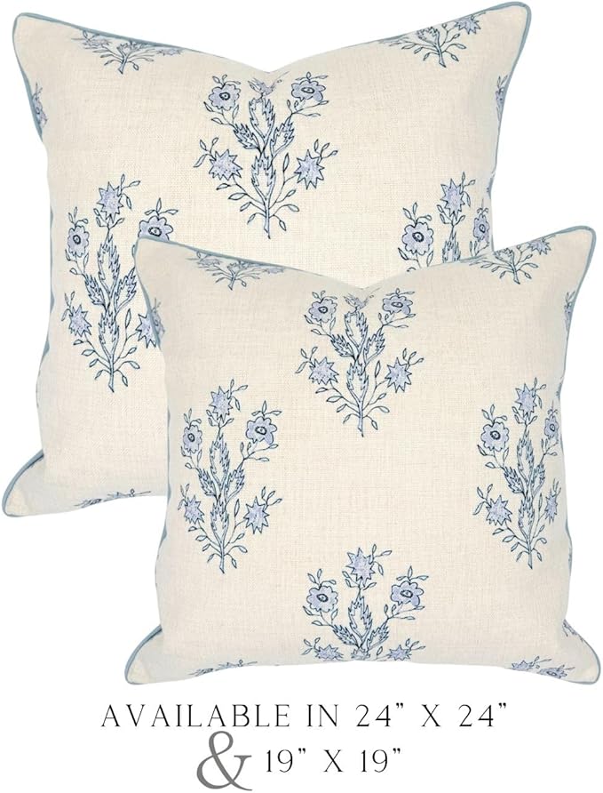 “The Mary” Periwinkle Floral Block Print Pillow Cover – Blue and Off-White Decorative Throw Pillow Cover – Grandmillennial Home Decor, 19" x 19"