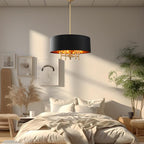 Black Drum Chandelier Gold Drum Shade Chandelier 4-Light Modern Linen 17.75“Chandeliers Light Fixture for Dining Room, Bedroom, Kitchen Island, Living Room, E12,Rod Adjustable