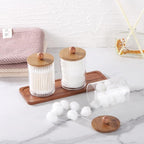 Tbestmax Qtip Holder with Vanity Tray, Clear Bathroom Containers Dispenser for Storage Cotton Swab/Ball/Pad Holder Wood Lids