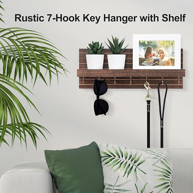 Key Holder Wall Mount, Entryway Mail Organizer with Shelf, Decorative Key Hanger with 7 Hooks Holds Leashes and Glasses, Includes Mounting Hardware (13.8” x 5.3” x 3.2”)