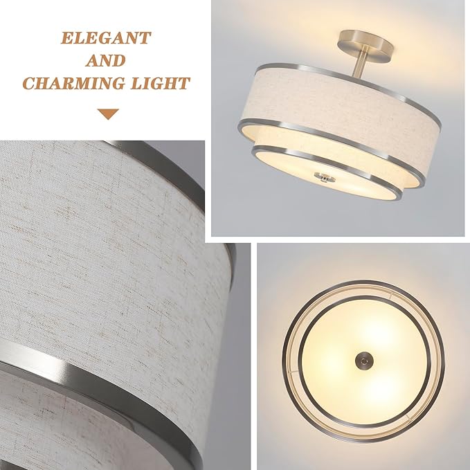 BUXVRCS Semi Flush Mount Ceiling Light Fixture, Modern Light Fixtures Ceiling Mount with Fabric Shade, 3-Light Double Drum Lighting Fixtures Close to Ceiling Light for Bedroom (Brushed Nickel)