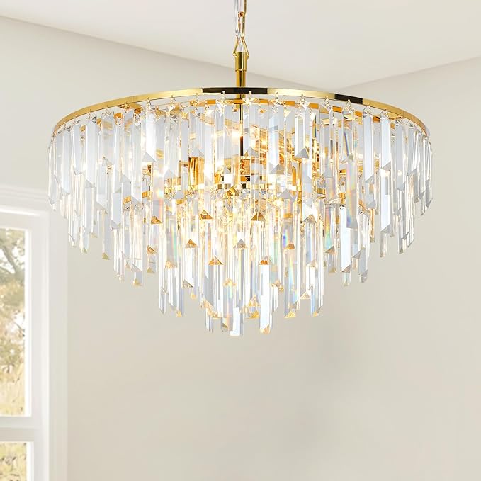 Gold Crystal Chandelier for Dining Room, 24" Modern Round Top K9 Crystal Chandeliers 5-Tier 8 Lights Adjustable Ceiling Hanging Pendant Light Fixture for Living Room Bedroom Foyer