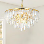 Gold Crystal Chandelier for Dining Room, 24" Modern Round Top K9 Crystal Chandeliers 5-Tier 8 Lights Adjustable Ceiling Hanging Pendant Light Fixture for Living Room Bedroom Foyer