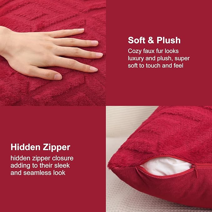 Pallene Christmas Red Throw Pillow Covers 22x22 Set of 2, Soft Plush Faux Fur Decorative Couch Pillow Covers for Sofa Bed Living Room Pillow Cases with 3D Diamond Pattern