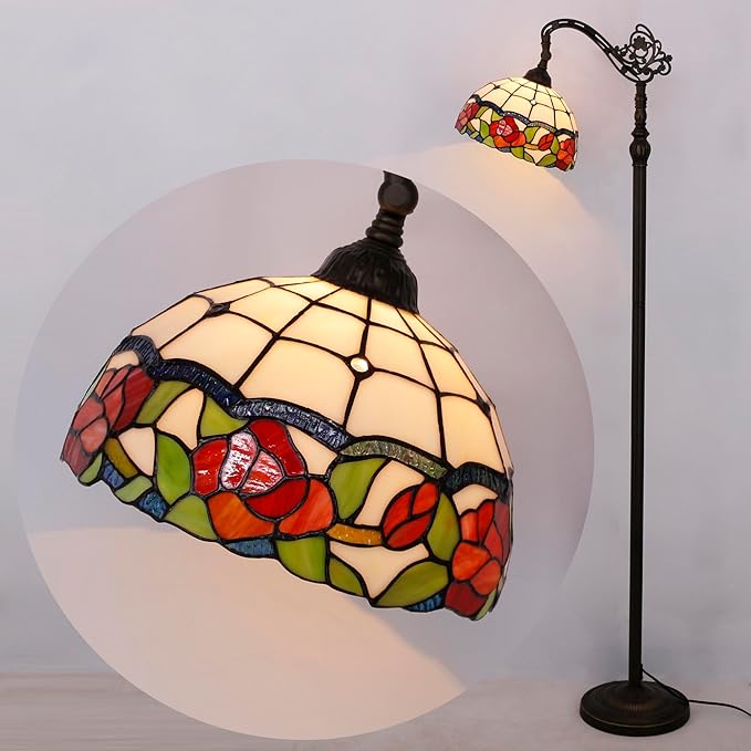 Tiffany Floor Lamp Stained Glass Rose Flower Style Arched Reading Light Gooseneck Adjustable Corner Standing Lamp 12X16X66 Inch for Bedroom Living Room Home Office