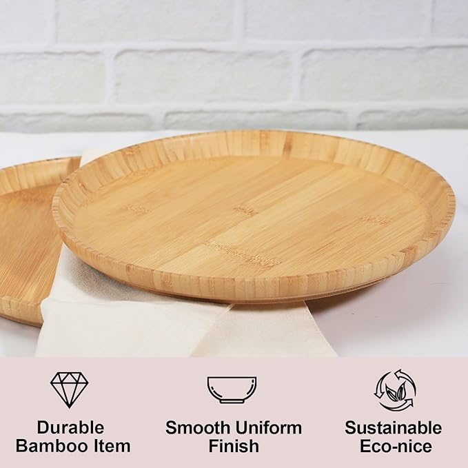Bamboo Wooden Dinner Plates Set of 2, 12-inch Large Serving Tray for Cafes and Restaurant, Reusable Round Serving Platters and Trays for Snacks/Fruit for Entertaining and Party
