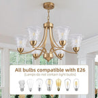 Farmhouse 6 Light Gold Chandeliers for Dining Room Light Over Table, Entryway Pendant Light for Foyer, Vintage Chandelier Ceiling Lights with Glass Shade for Kitchen Island Hallway, Adjustable Height