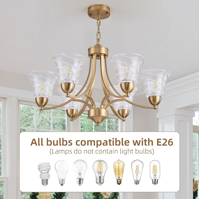 Farmhouse 6 Light Gold Chandeliers for Dining Room Light Over Table, Entryway Pendant Light for Foyer, Vintage Chandelier Ceiling Lights with Glass Shade for Kitchen Island Hallway, Adjustable Height