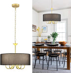 Gold Drum Chandeliers for Dining Room, 6-Light Black Farmhouse Chandelier Linen Light Fixture, 18'' Brass Round Chandelier Hanging Pendant Light for Bedroom Living Room Kitchen Foyer