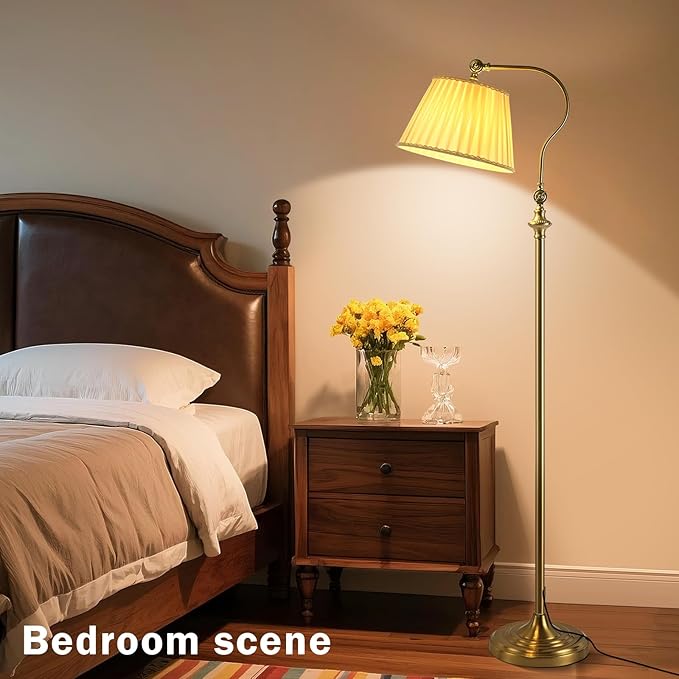 Gold Brass Floor Lamp with Fabric Shade,12W Smart Remote and Bluetooth Dimmable, Standing Lamps for Living Room Bedroom Farmhouse Office,Mid Century Rustic Vintage Antique Boho Tall Reading Light
