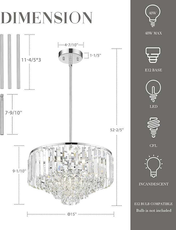 15'' Crystal Chandelier, 5-Tier Modern Chandelier with Polished Chrome Finish, Pendant Light for Dinning Room Kitchen Island Bedroom Entryway, CC4215-5W-PC