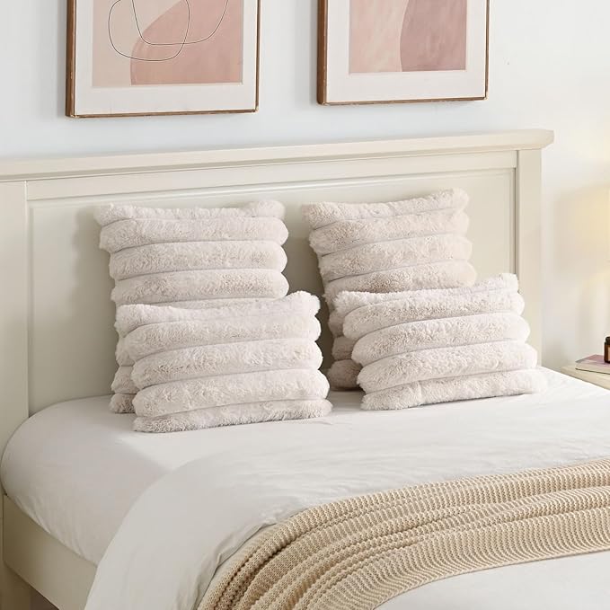 FUTEI Beige Decorative Throw Pillow Covers 16x16 Inch Set of 2, Square Soft Faux Rabbit Fur Big Striped Cushion Cover,Home Decor for Couch Sofa Bed Living Room