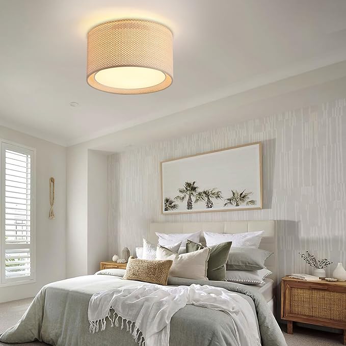 Boho Light Fixtures,12.6" Flush Mount Ceiling Lights Drum Light Fixture with Double Shade,3-Lights Close to Ceiling Lamps for Bedroom Living Room Dining Room Hallway Entryway Kitchen