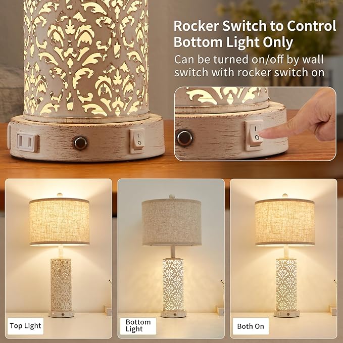 26" Set of 2 Farmhouse Table Lamp, 3-Way Dimmable Touch Control with Nightlight, 2 USB Ports + AC Outlet Vintage Rustic Bedside Lamp for Living Room Bedroom and Nightstand (White-2 Pack)