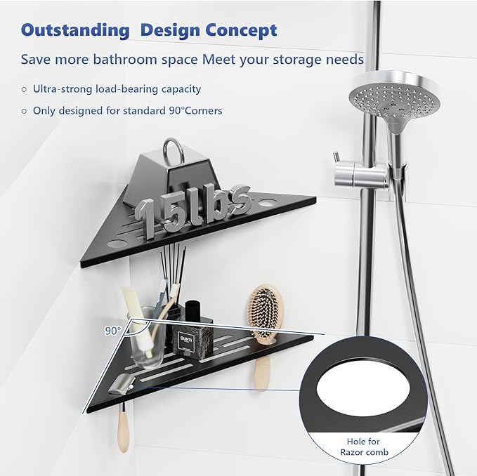 Corner Shower Shelf 10" Slot Design Recessed Shower Shelves for Tiled Wall, 304 Stainless Steel Corner Shelves for Bathroom Organizer (Black, Line-1PCS)