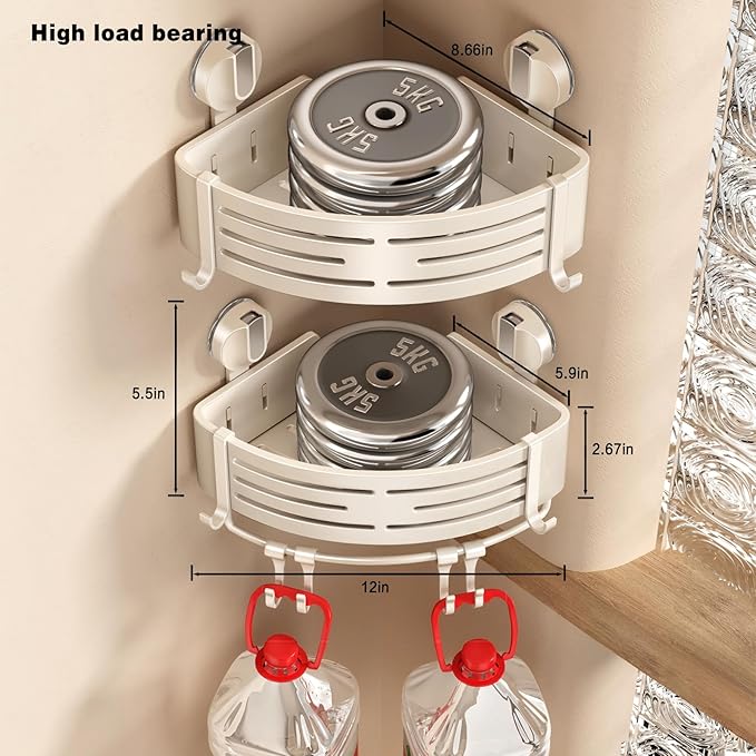 VOLPONE Corner Shower Caddy Suction Cup Shower Shelf Corner No Drilling Bathroom Shower Organizer Storage Rack Adhesive with Towel Bar Hooks(3-Pack, Ivory)
