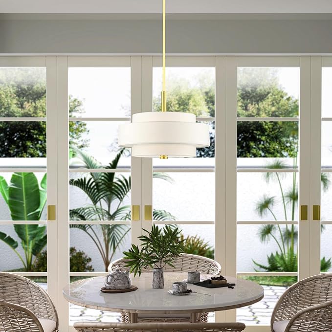 Livex Lighting 50874-12 Meridian Collection 4-Light Chandelier with Off-White Hardback Fabric Shade, Satin Brass,18" L x 18" W x 52" H