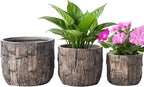 Yundu Concrete Planter Set of 3, 14.5 & 12.6 & 9.8 inch Plant Pot. Vintage Style Woodgrain Concrete Planter with Drainage Holes, Suitable for Home, Garden and Other Indoor and Outdoor décor
