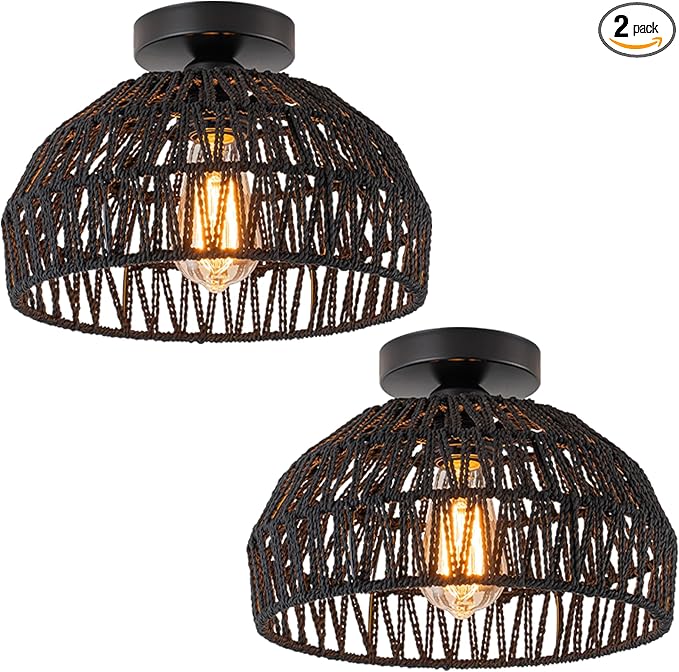 2 Packs Black Boho Light Rattan Ceiling Lighting Fixtures Small Boho Lamp Shade Flush Mount Ceiling Light Hand Woven Chandelier for Entryway Bedroom Kitchen Nursery Lights