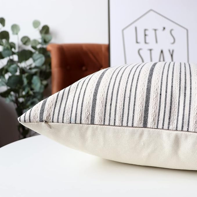Gray Pillow Covers Farmhouse Linen Throw Pillow Covers Striped Outdoor Decorative Square Throw Pillows for Couch Sofa Bed 12x20 in Pack of 2 Gray and Cream